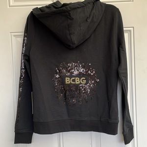 BCBG MaxAzria Black Jacket with Hoodie. Size PXL Beautiful Details.